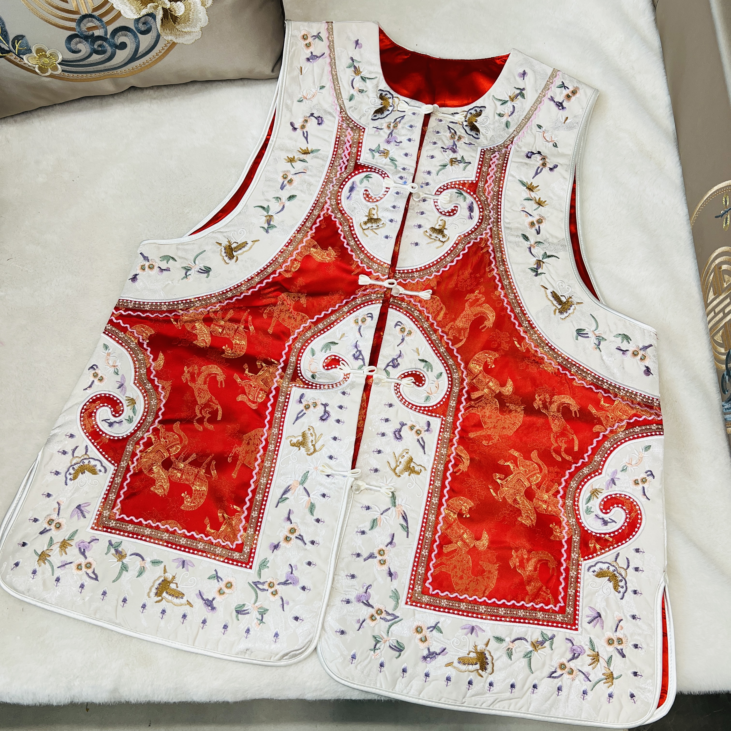 【甄胖·锦上装】新中式大码女装宋锦拼全身重工满绣中长款薄棉马甲