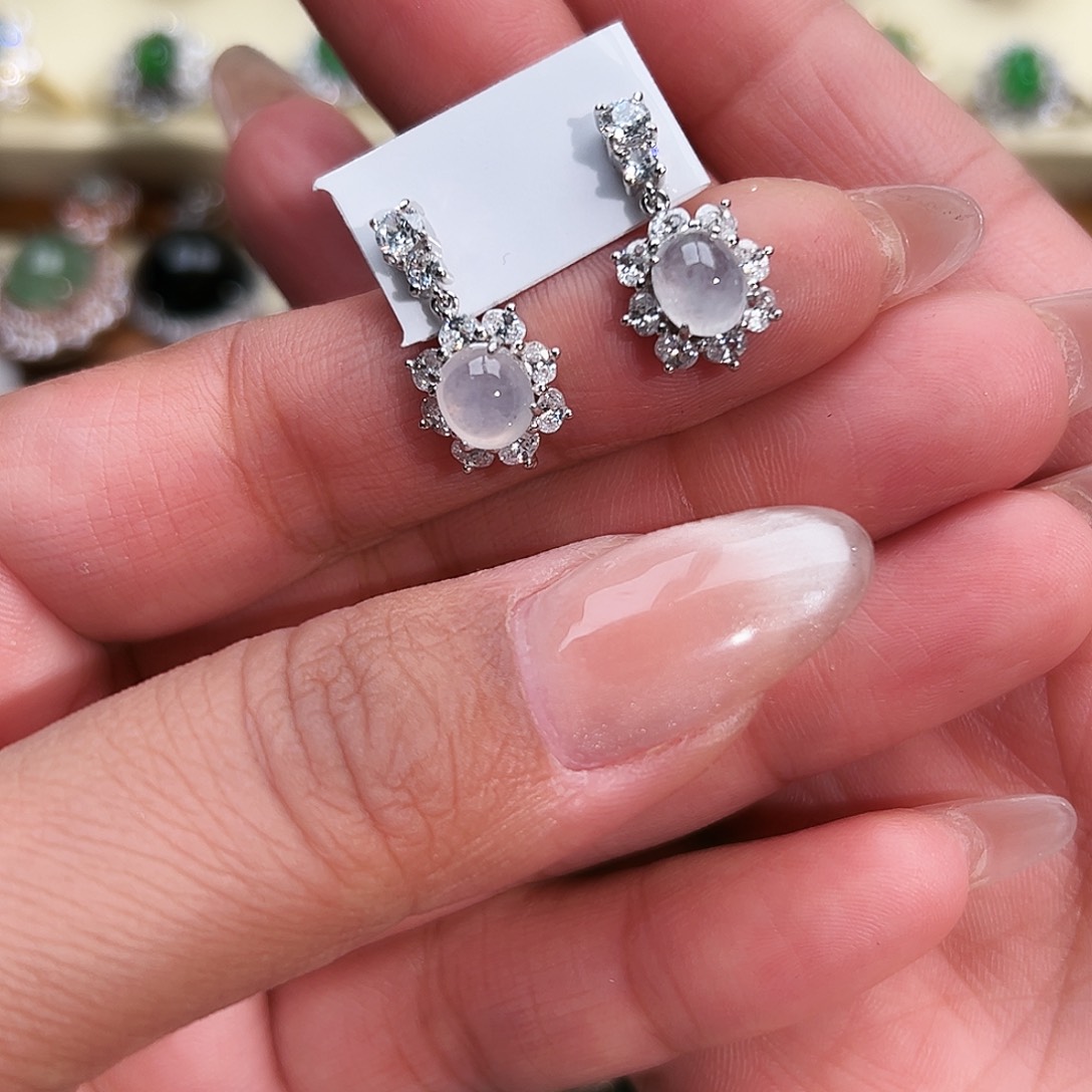 翡翠银S925镶嵌戒指緬甸天然A貨翡翠耳釘