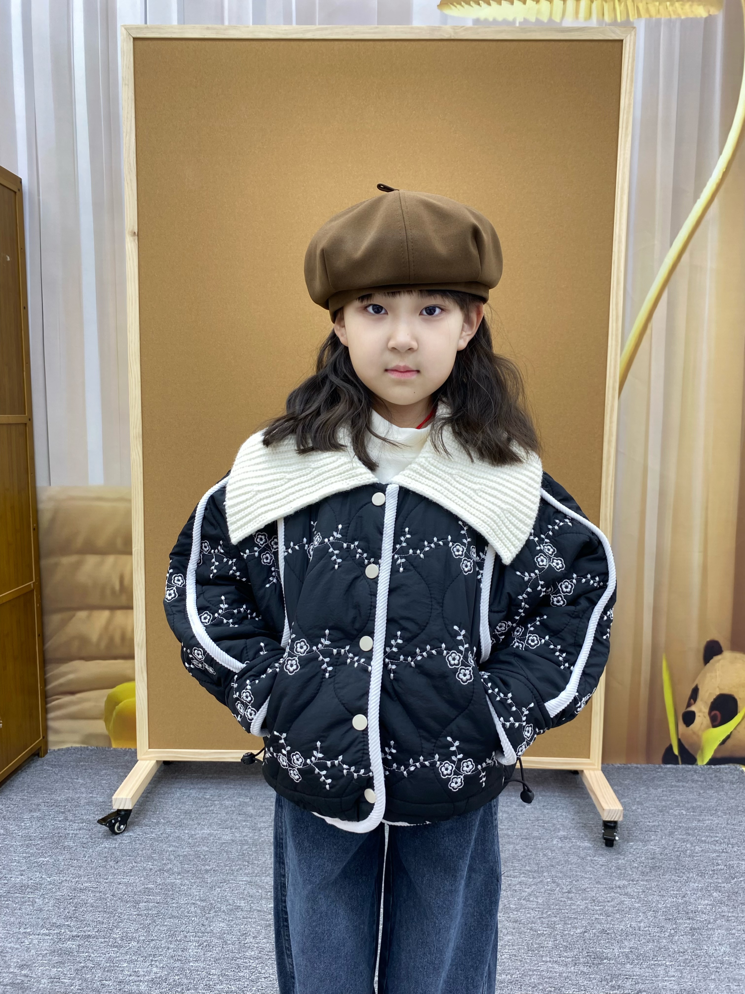 F·X新中式女宝国风刺绣棉服～绝美绣花搭配针织大毛领！！