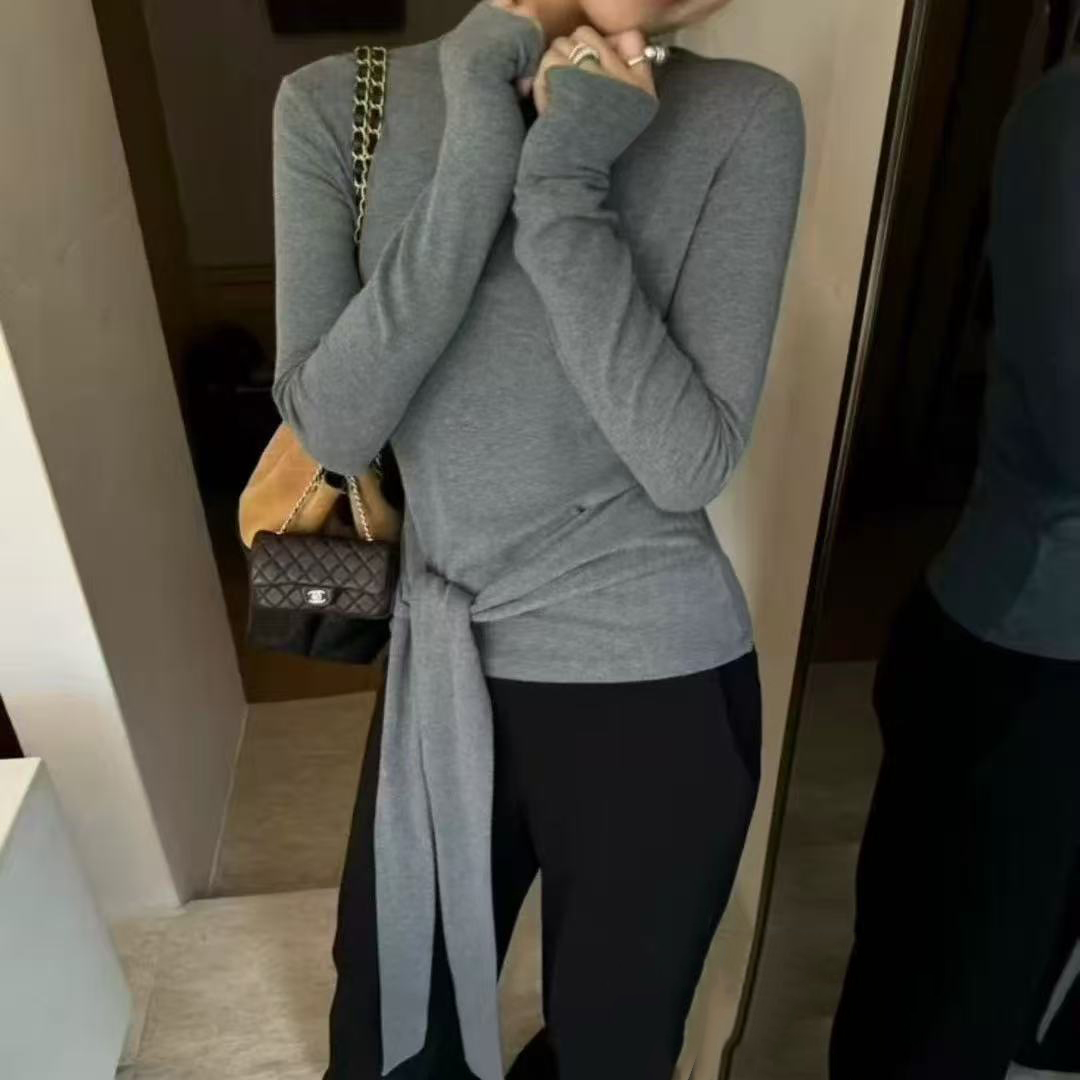 ALIANSU/大脸酥-4720  秋季设计感修身高领绑带长袖T恤上衣