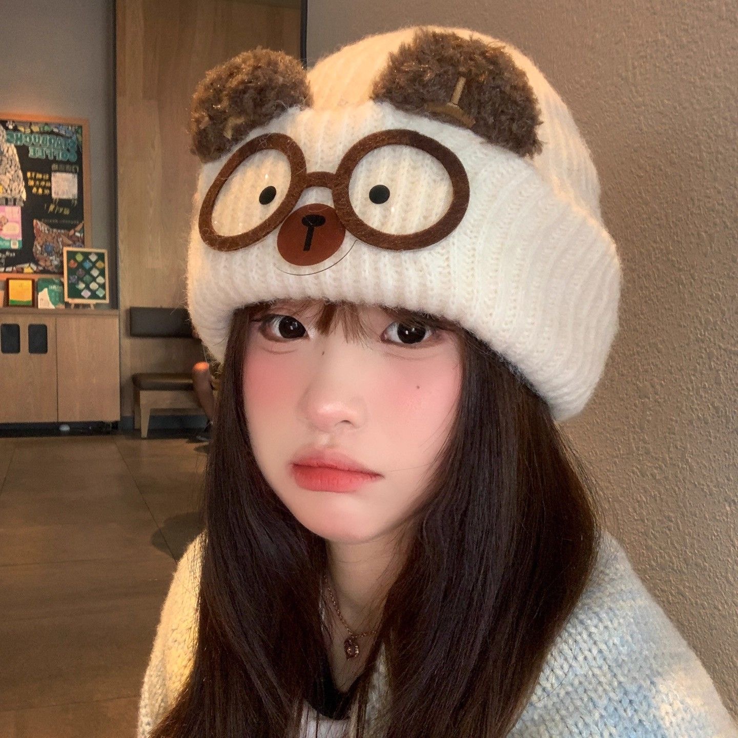 可爱猫耳针织帽女秋冬保暖大头围显脸小卡通猫咪眼镜护耳雷锋帽子