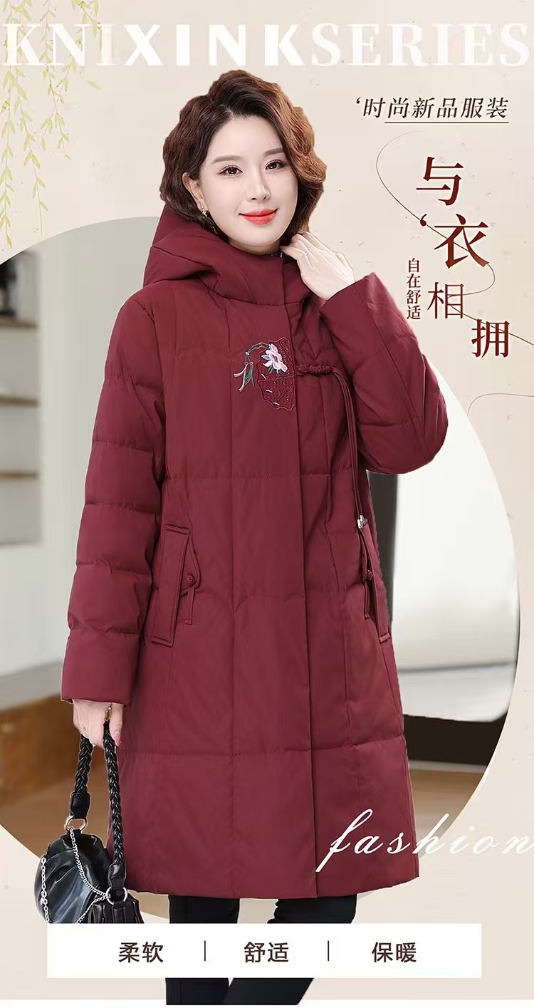 舒适长款冬季外套中老年女装中老年酒红棉袄中年加厚时尚妈妈装
