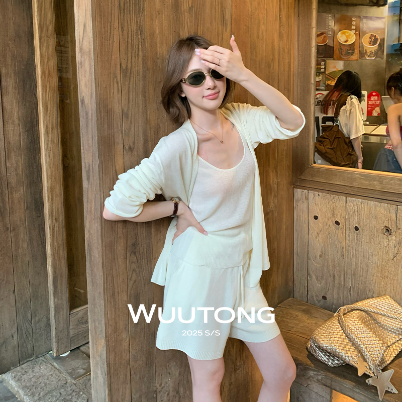 WuuTong【懒米白调】韩系气质时尚百搭开衫高腰慵懒显瘦短裤三件套
