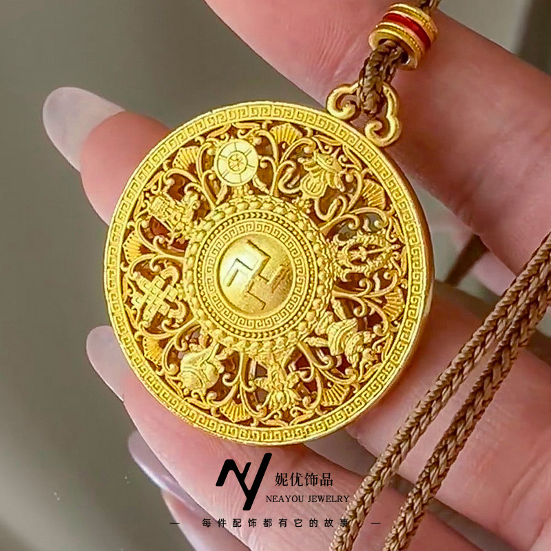黄铜吊坠 复古文艺风民族风镂空福字罗盘项坠高保色