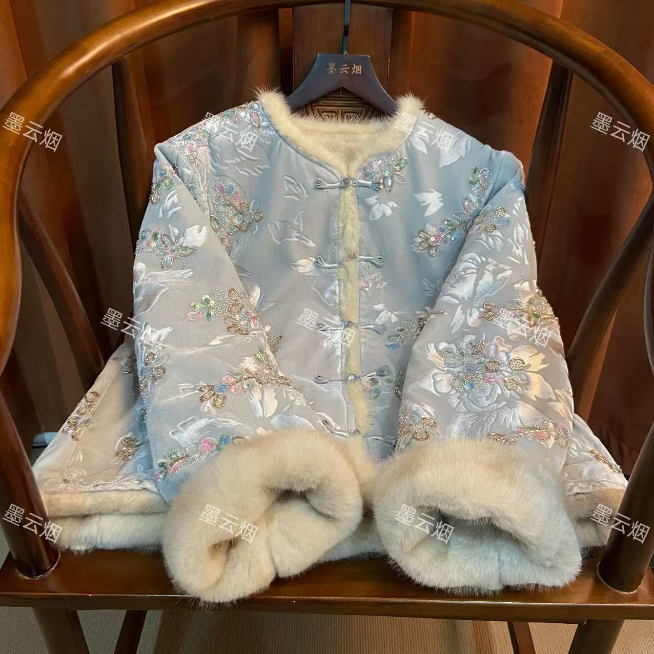 【蓝铃】新中式双面穿清新气质毛领优雅高档外套复古中国风百搭上衣