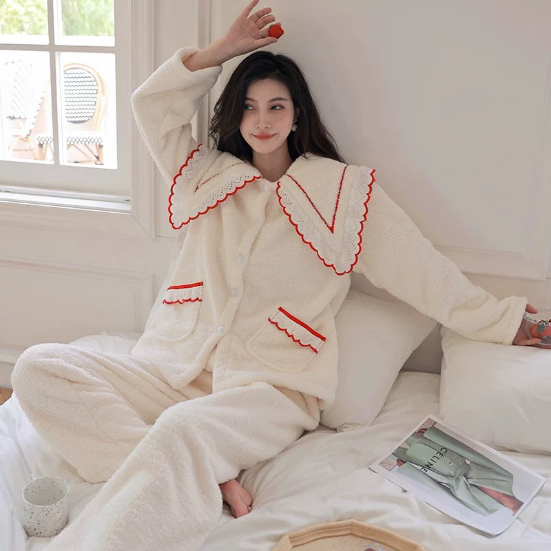 冬季爆款云朵绒女士长袖加绒加厚甜美高级感保暖家居服