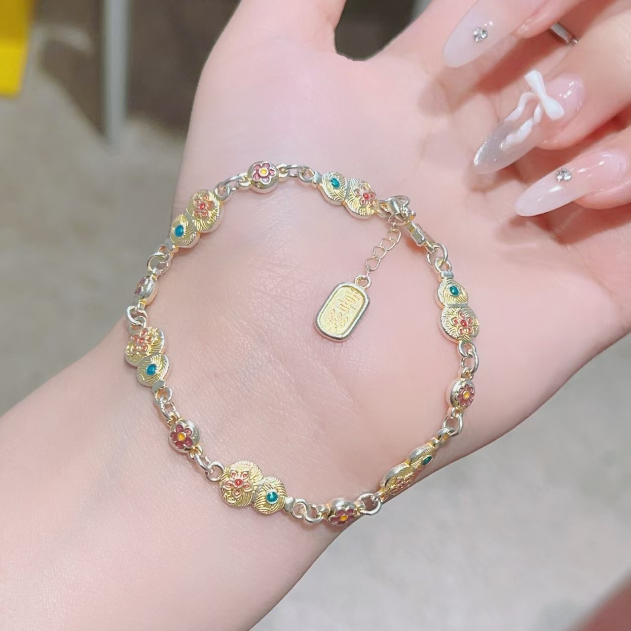 足银手链 足银999.9描金葫芦珐琅双面手链