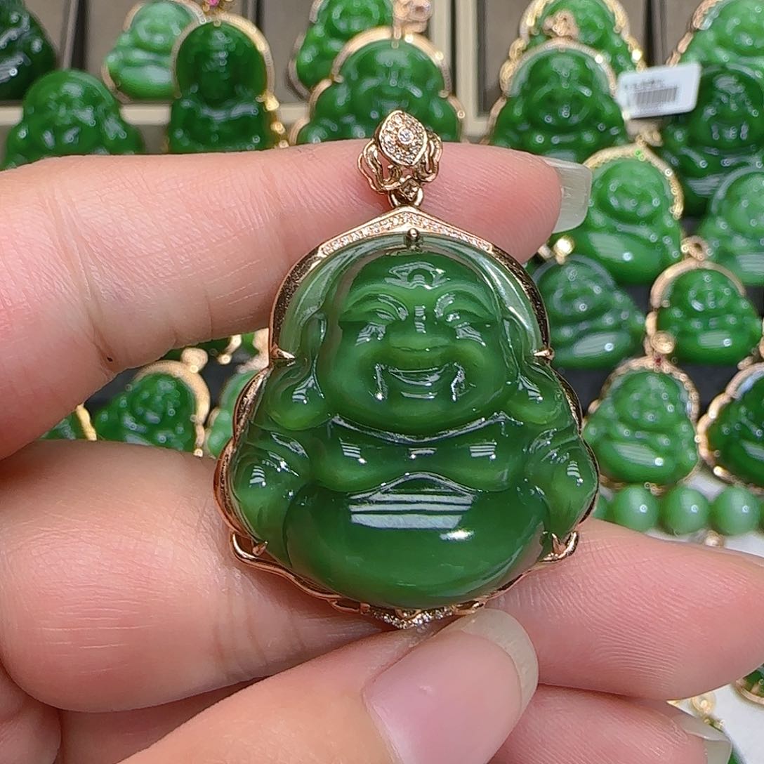 和田玉（碧玉）吊坠(不含链)18K金镶嵌