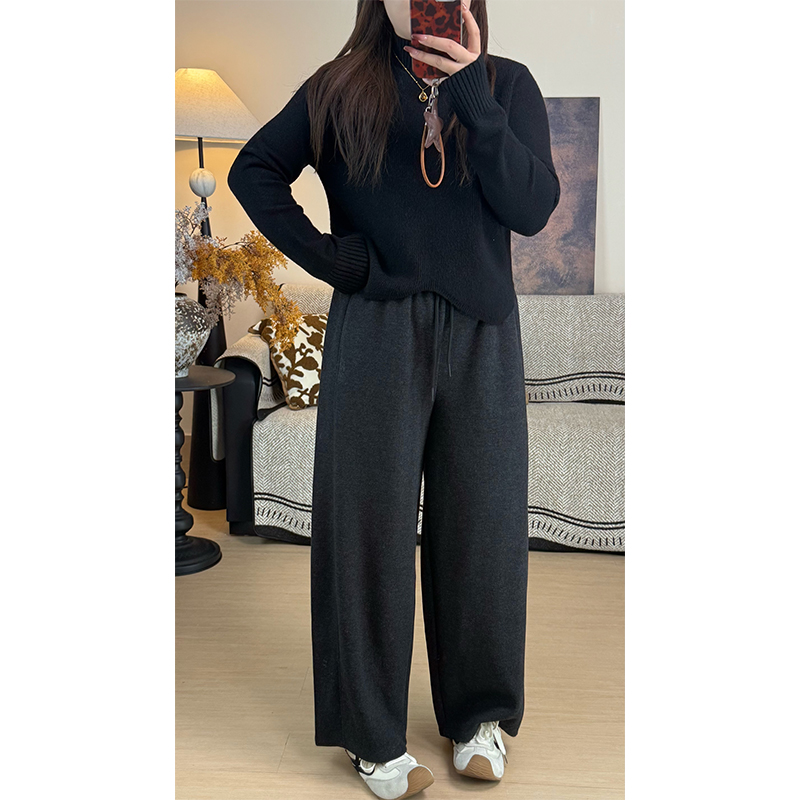 冬装新款大码套装中领不对称波浪下摆正肩长袖毛衣厚松紧腰休闲裤