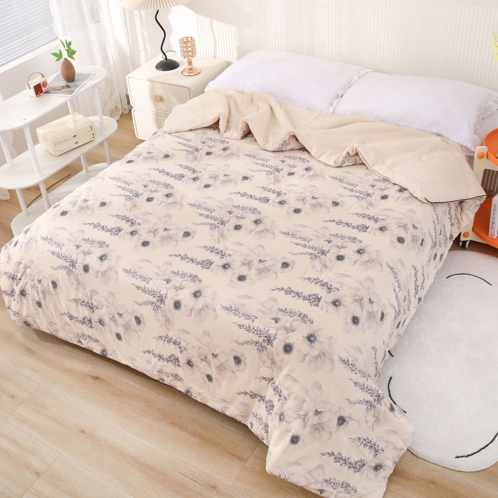 【飘带花朵-四件套】轻奢透气印花工艺款麻浅色雨露麻四件套床品