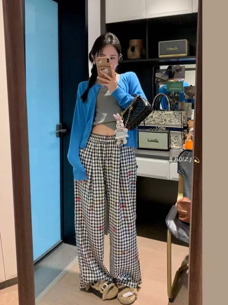 【黑白涂鸦】黑白格松紧高腰拖地百搭阔腿长裤设计感休闲裤