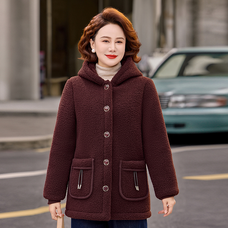 中老年女装冬季中老年连帽大衣中年妈妈款颗粒绒加绒加厚气质妈妈