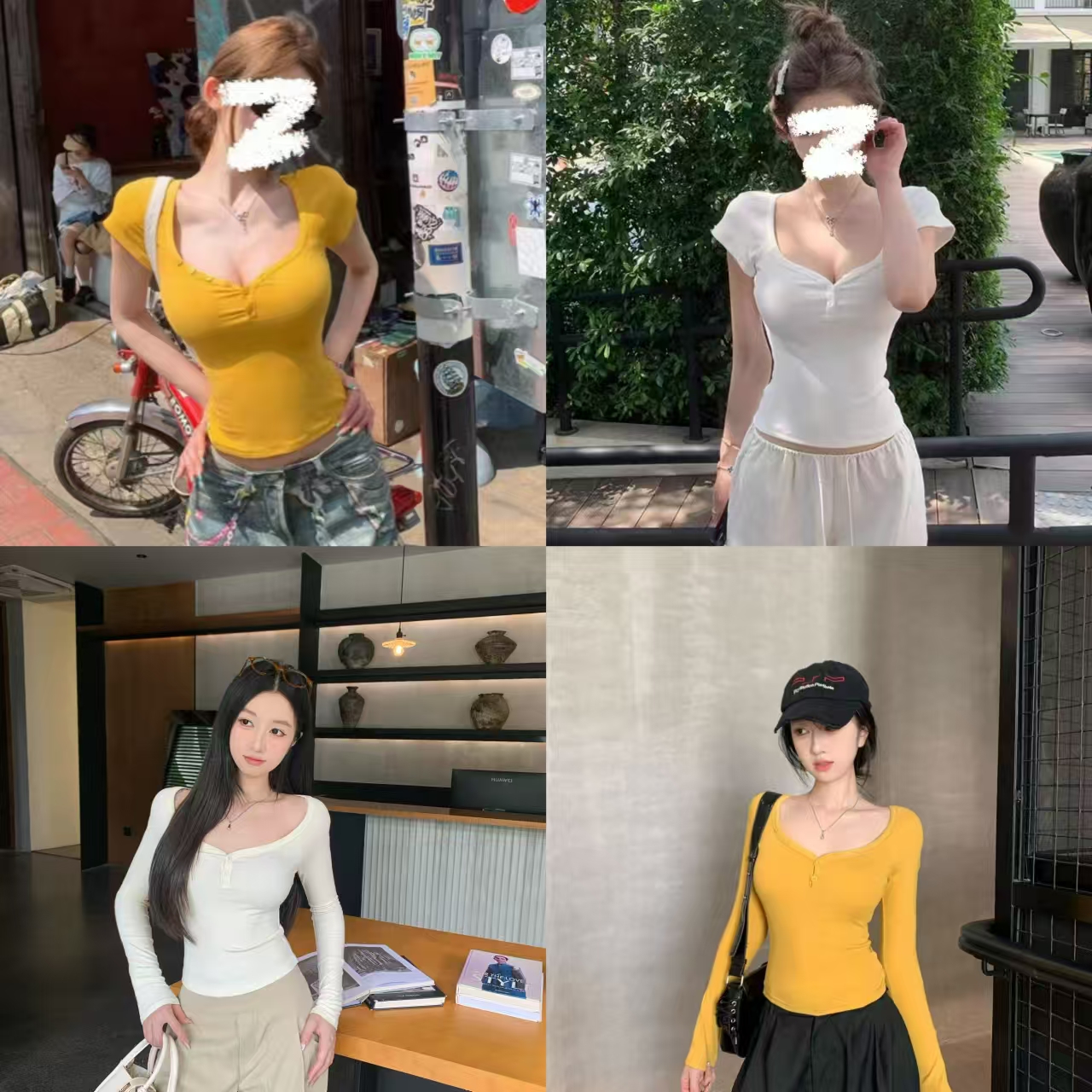 【长袖上新】百搭新款纯欲桃心领正肩V领T恤女辣妹修身时尚上衣