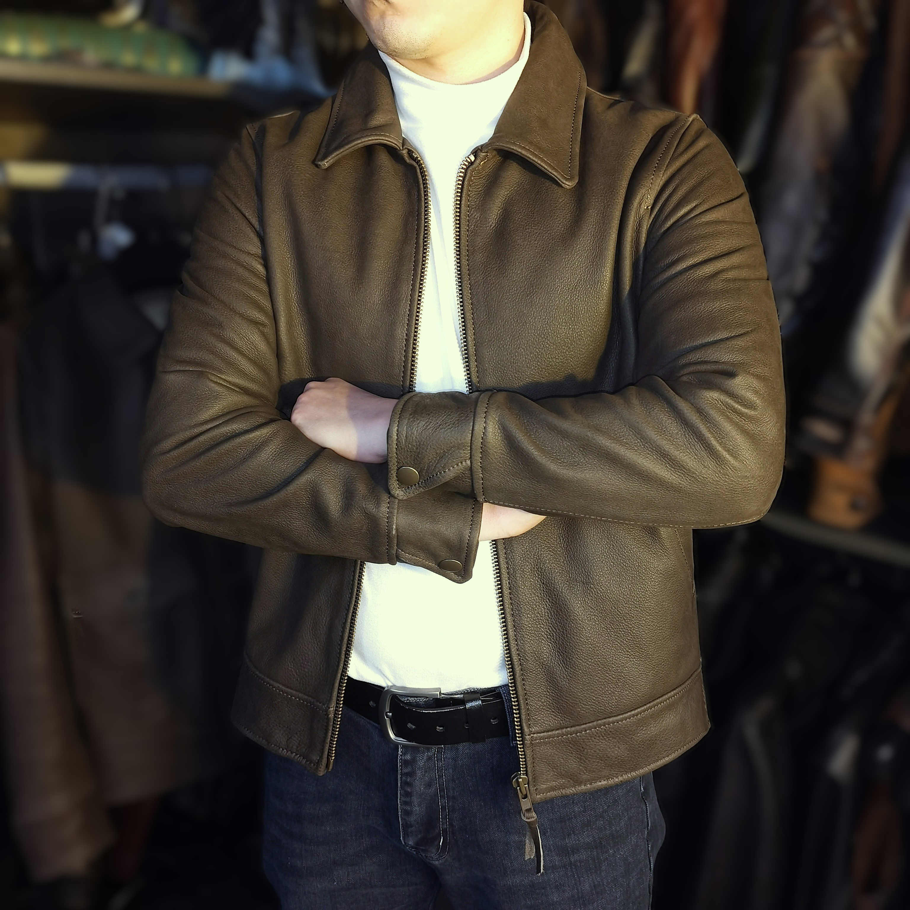 驼色TSK 2025新款真皮皮衣男士牛皮皮夹克翻领商务休闲外套春秋冬