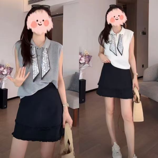 欧若风翻领针织无袖背心百搭上衣+木耳边A字短裙夏新款高腰半身裙