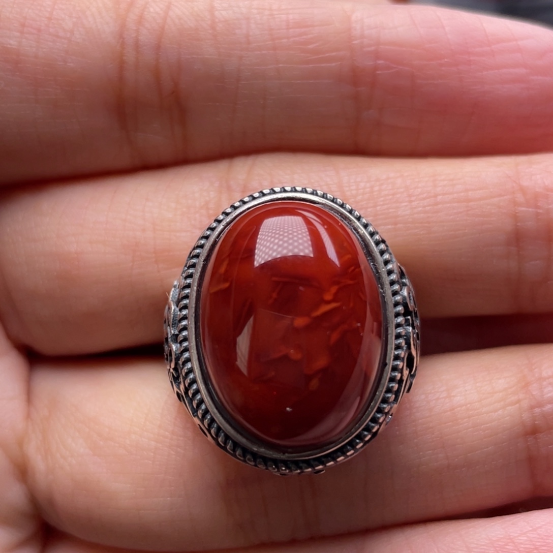 南红玛瑙银S925镶嵌珠宝奇石戒指