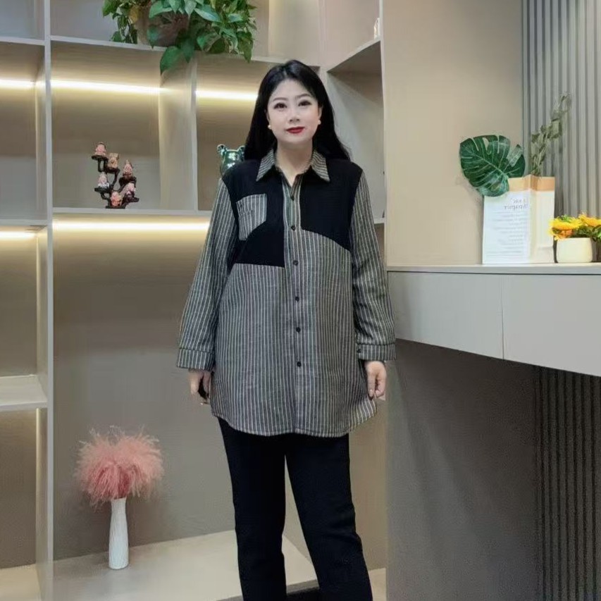 冬季加绒小衫-酷 3610潮流拼接条纹简约设计款胖MM大码女装新款