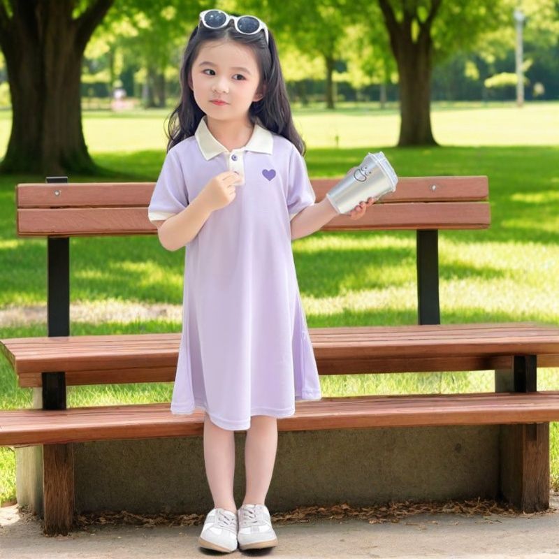 女童翻领连衣裙夏季女孩洋气纯色POLO裙子新款韩版A字裙