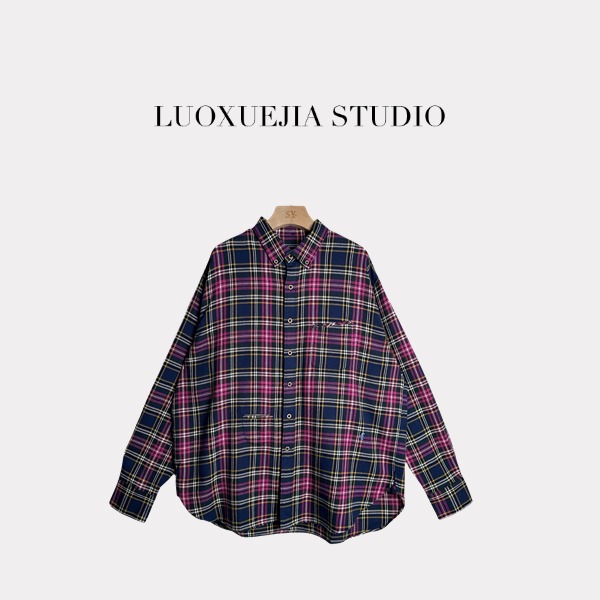 LXJ25401「松弛与自我」简约廓形宽松格纹中长款衬衫