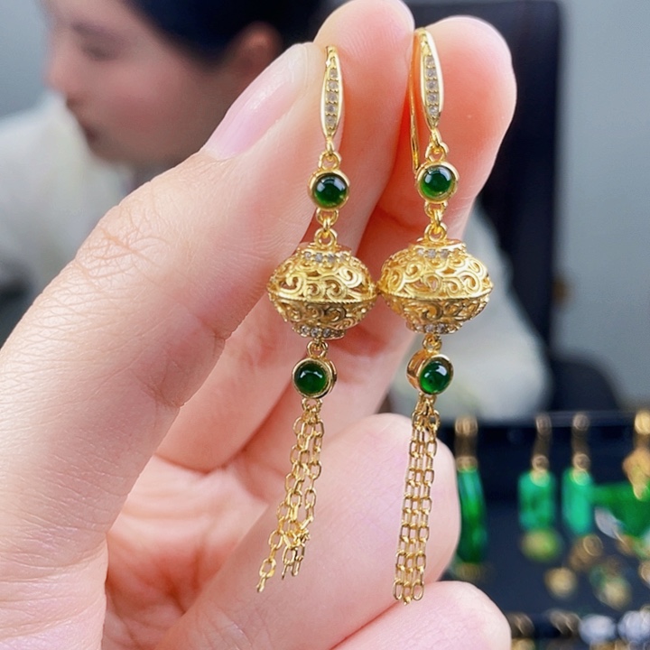 翡翠耳饰银S925镶嵌饰品