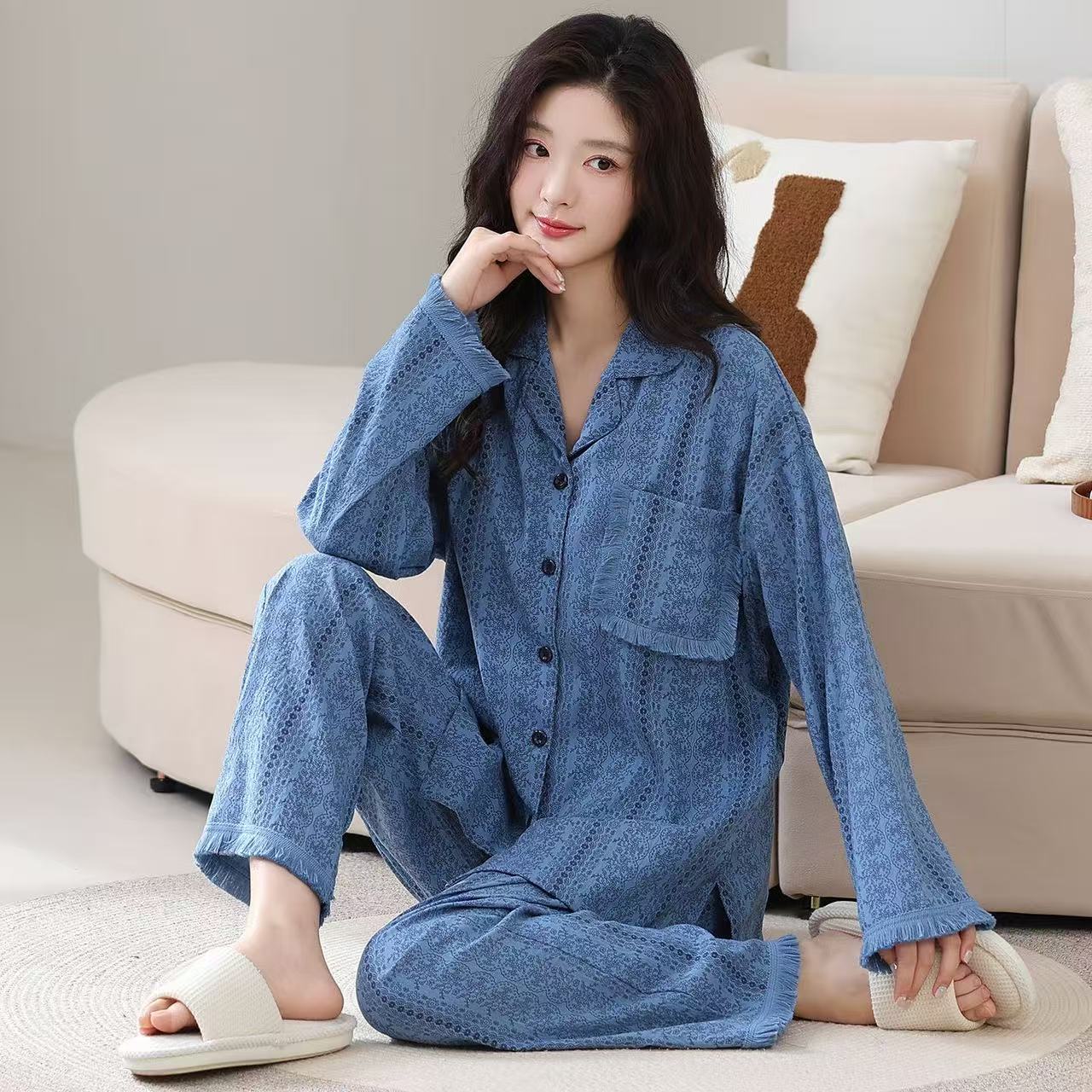 100%纯棉带胸垫睡衣女士春秋季长袖长裤2025新款可外穿家居服套装