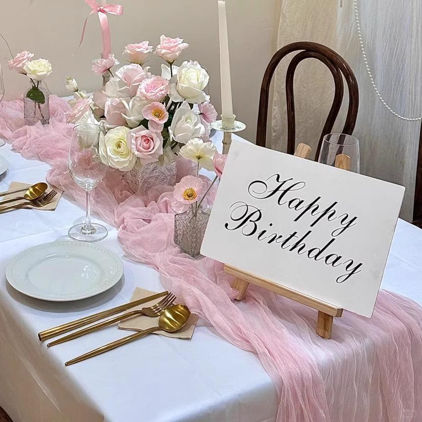 粉色纱桌布皱布桌旗皱布婚礼巴厘纱麻花皱巾生日婚礼派对装饰品