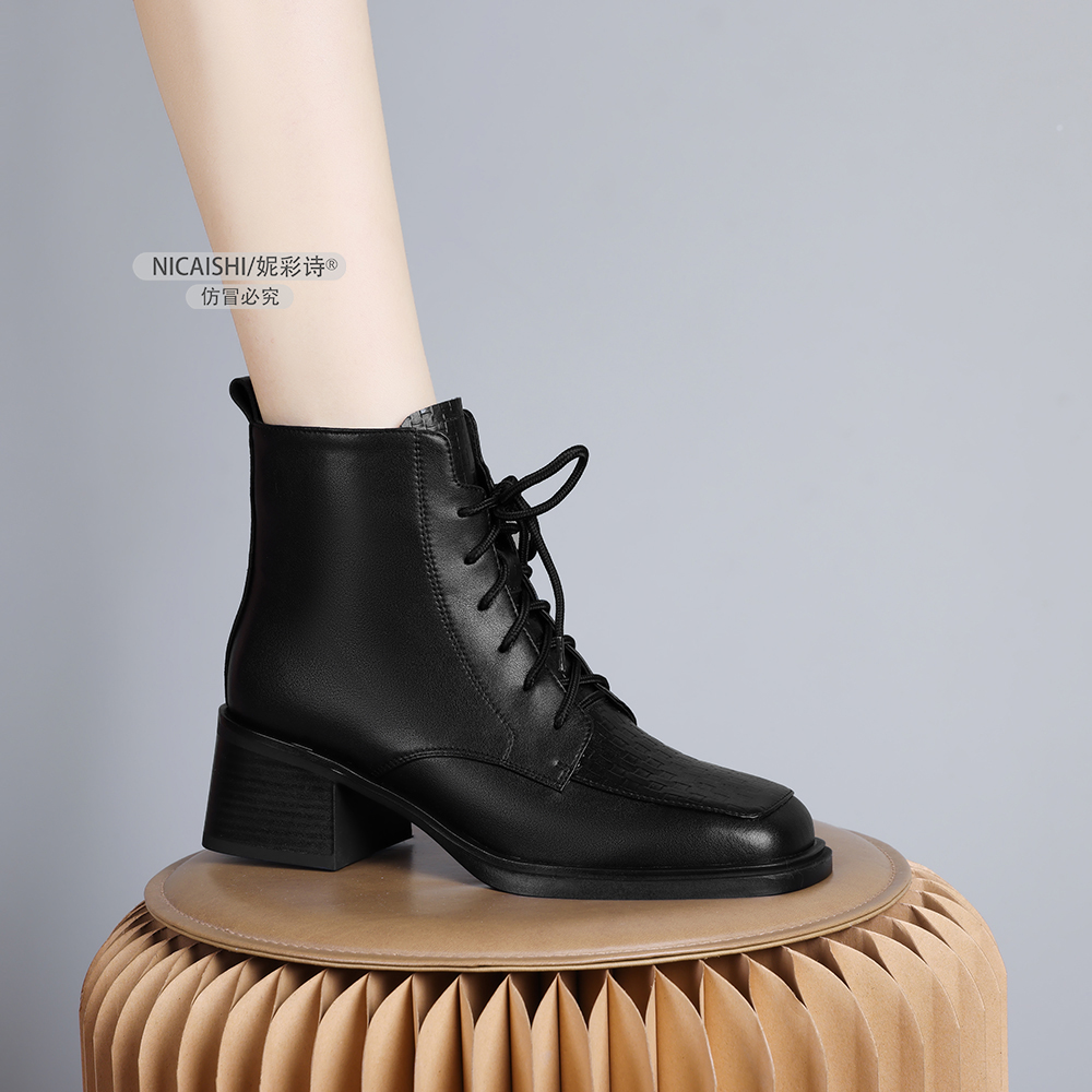 2024年新款欧美短靴低跟系带时尚气质舒适加绒百搭黑色0466