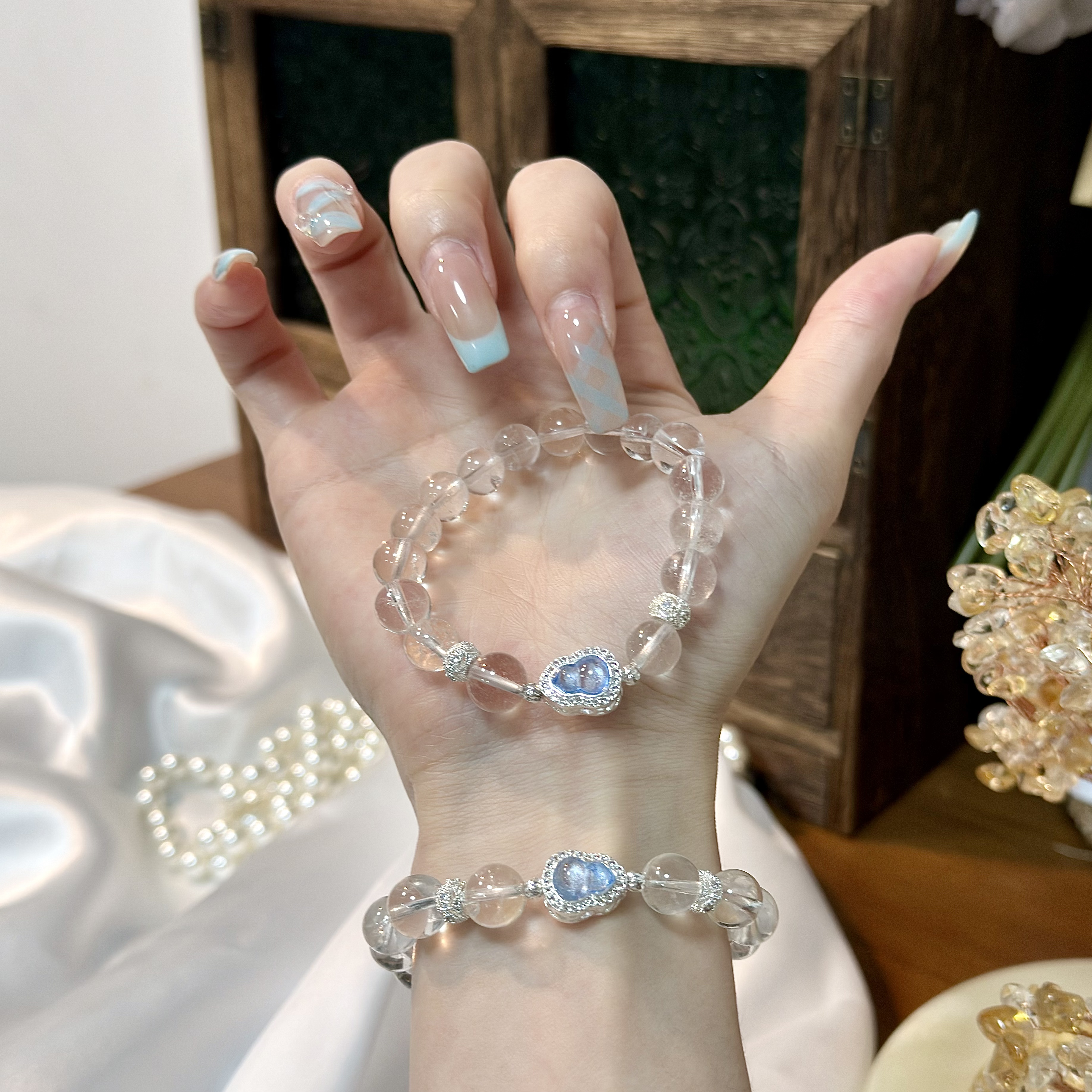 【蓝眼泪】8mm白水晶+蓝葫芦 手串原创设计天然水晶