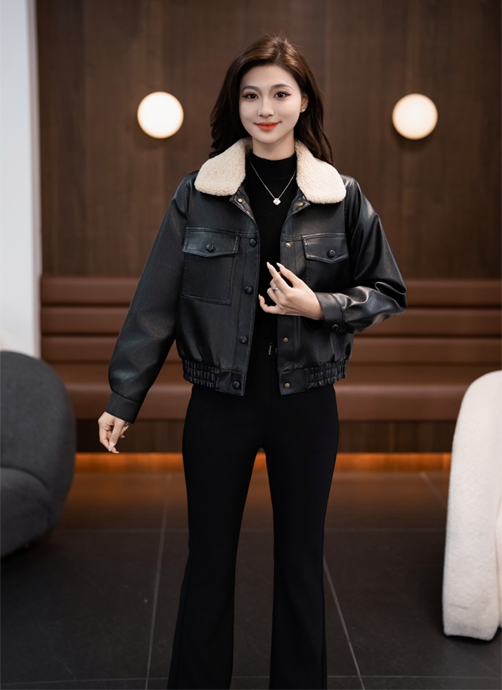 冬季新款海宁女士短款韩版修身时尚加绒加厚皮衣外套 817
