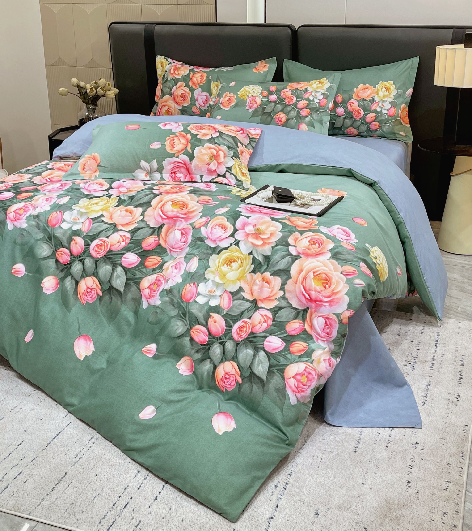 郁金香数码印花四件套 孔雀绿