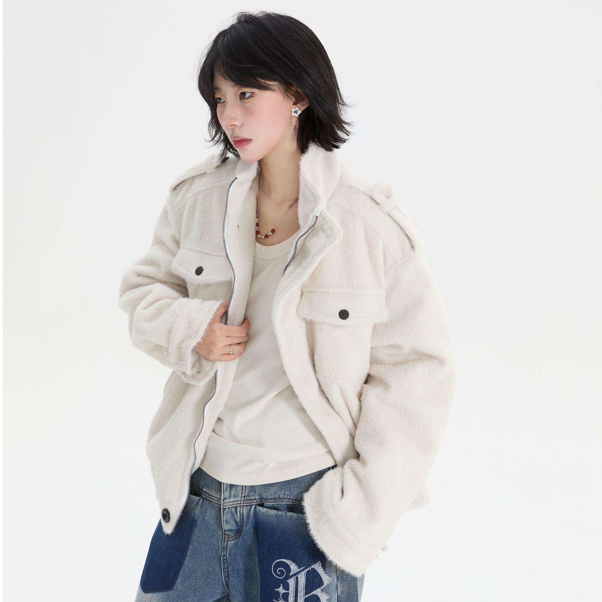 pulse cl老钱风水貂毛拉毛设计立领加厚夹克棉服男女冬季宽松外套