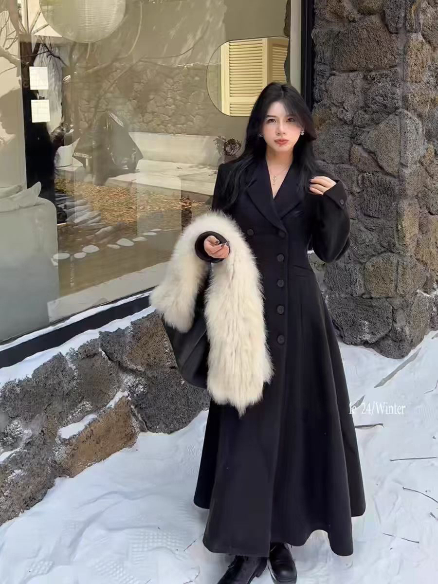 『加棉』1双排扣长款毛呢外套女2025冬季新款赫本风气质收腰大衣