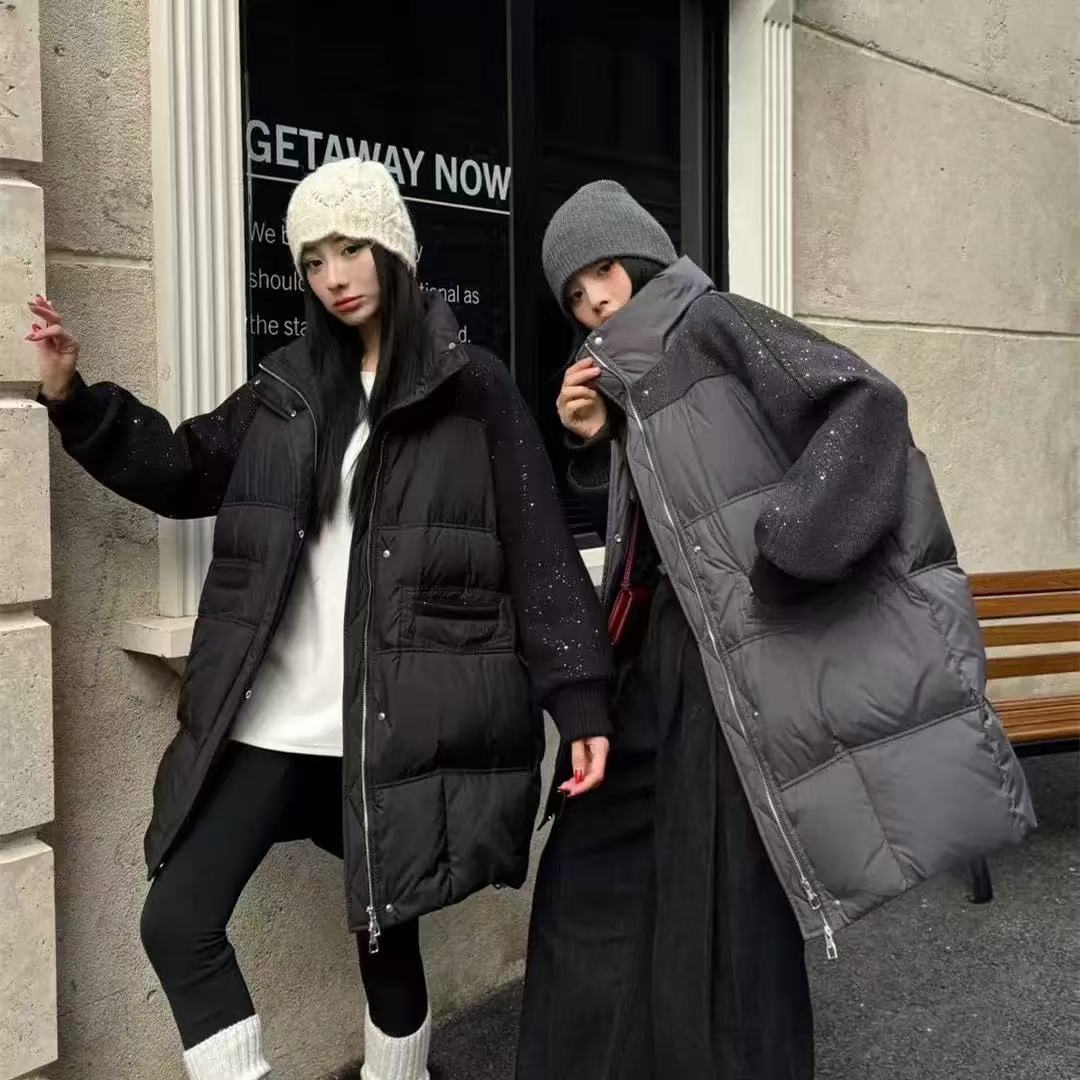 常规拼接立领羽绒服网红女款潮流中长款情侣加厚韩版宽松冬季