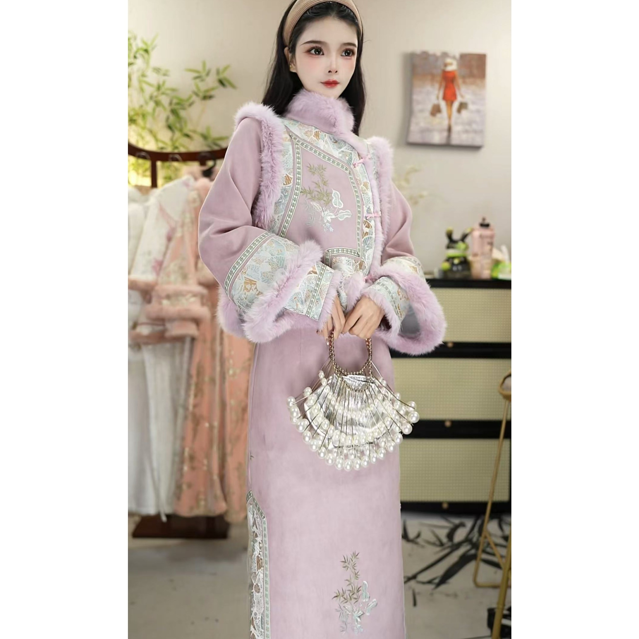 羽唐名2024冬季新款加绒中式长款粉色显瘦女装裙（2484+2494）