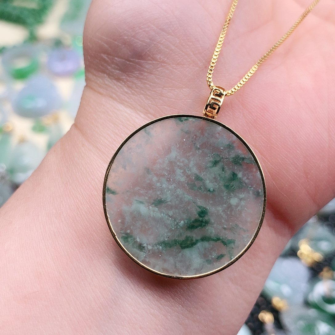 【闪购商品】翡翠吊坠(不含链)18K金镶嵌无事牌