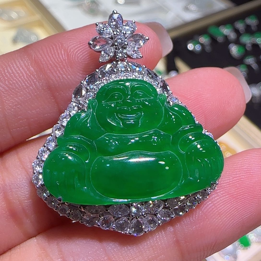 翡翠吊坠(不含链)18K金镶嵌佛公