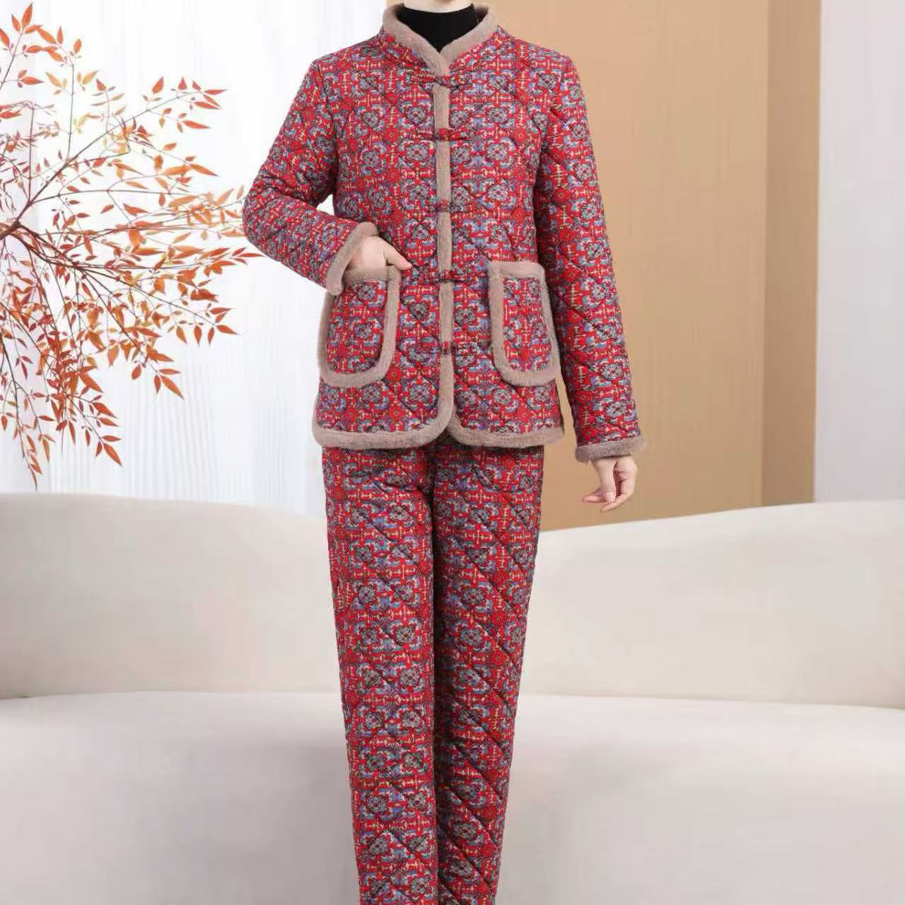 新款妈妈装时尚盘扣国风立领格子加绒加厚棉衣套装