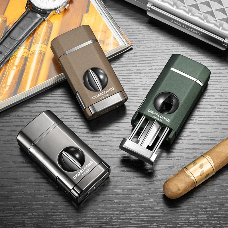 茄龙打火机漆面三合一三火直冲带烟托和V剪多功能打火机CB-25DX1