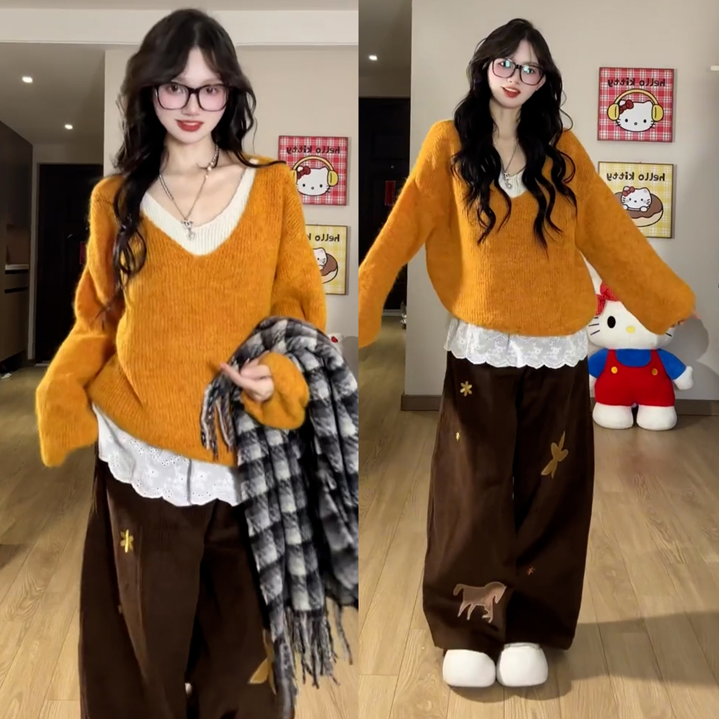 韩系橘色毛衣一整套深冬穿搭女2025新款巨好看的气质两件套9375