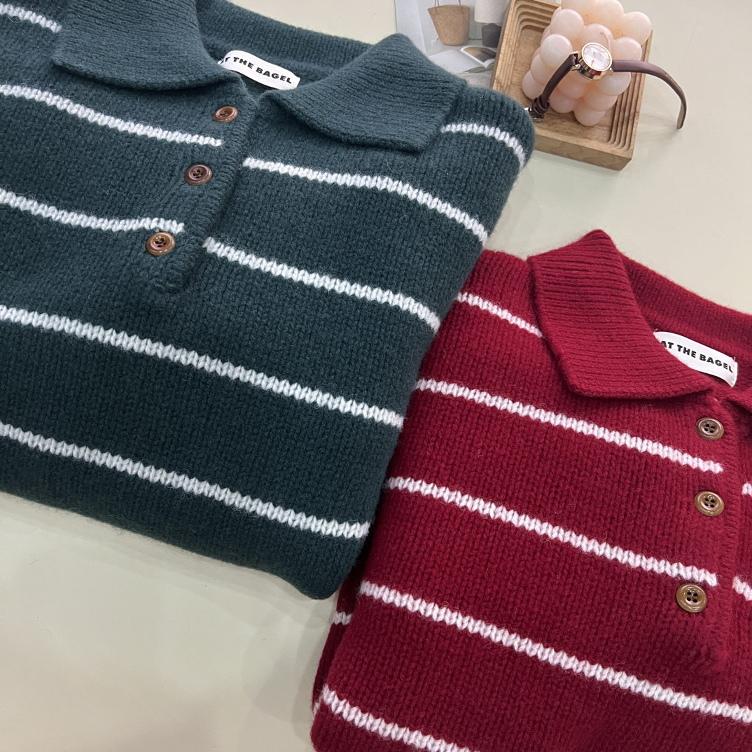 绒品 韩系条纹拼色翻领半开针织衫