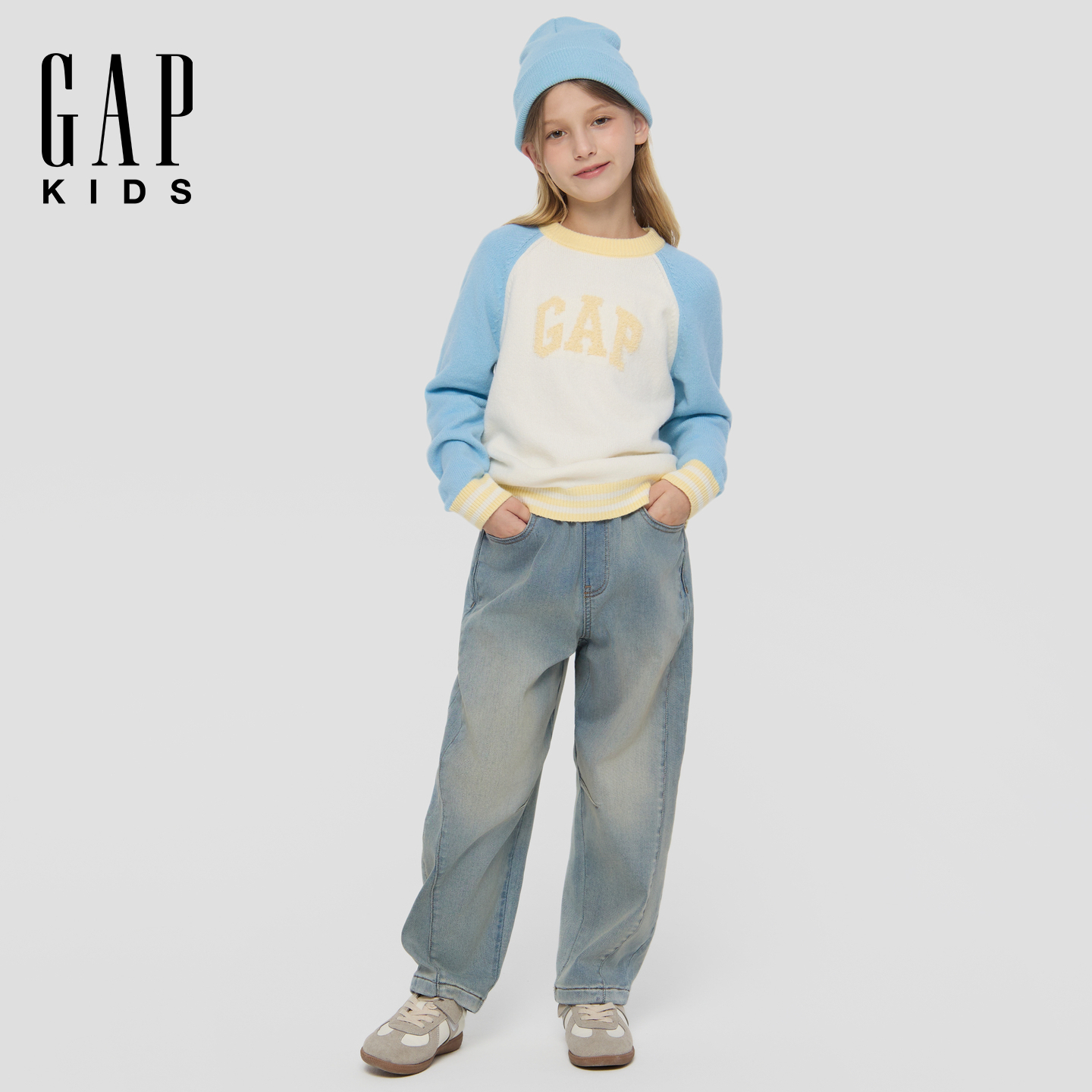Gap女童2025秋冬新款字母logo撞色针织衫儿童装上衣805969/805911