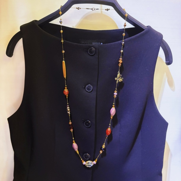 铜合金仿水晶项链 手工串珠长款项链高档优雅毛衣链周长90cm