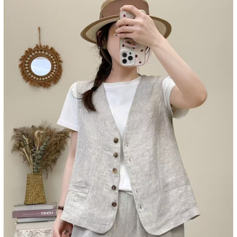 [露与麻] 高级感马甲女装2025春季新款V领单排扣宽松百搭薄款马夹