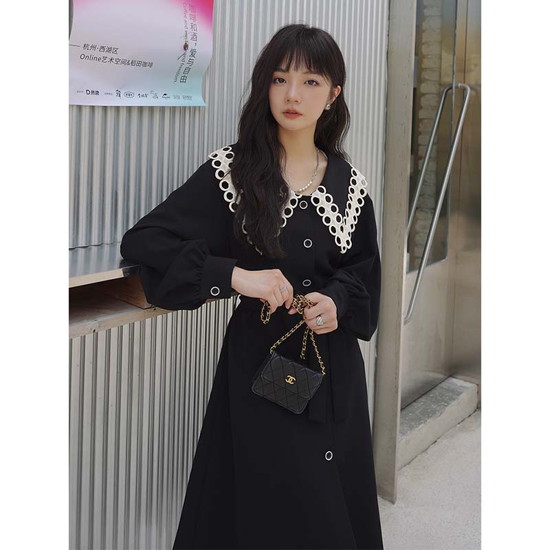 【密】娃娃领黑色连衣裙女2025春秋高级感气质名媛收腰裙子LJ0048