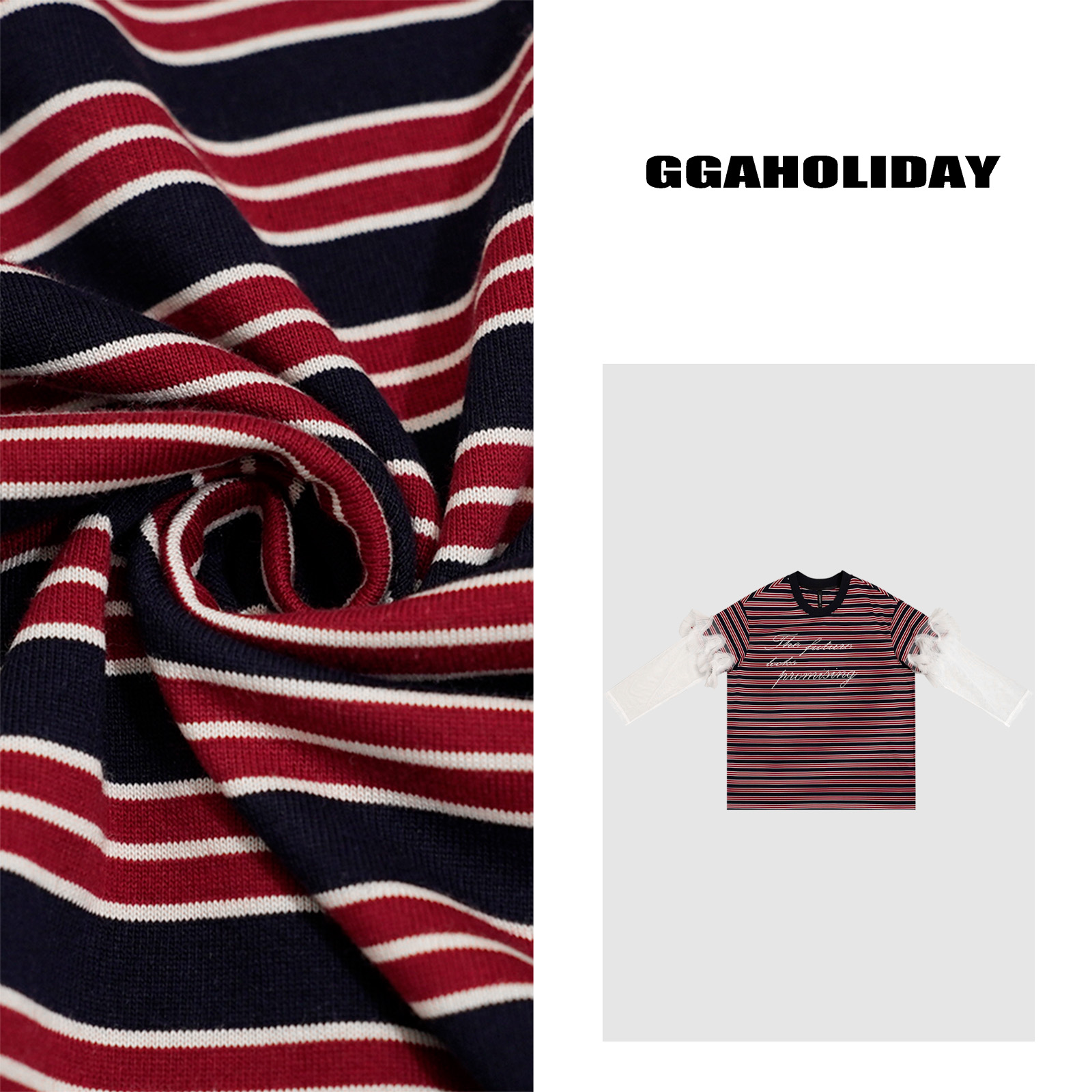 【上新】GGAHOLIDAY时尚复古百搭宽松条纹设计感长袖拼接T恤-152631