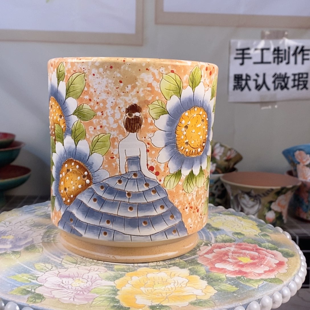紫砂花盆红陶手绘花盆