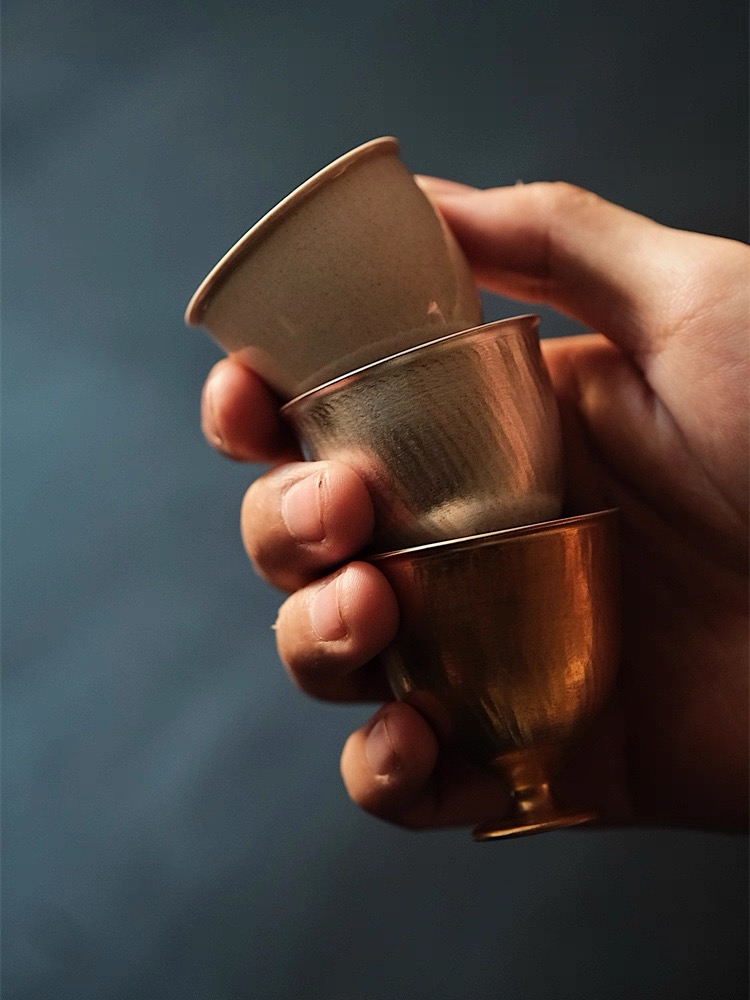 吴一延手作小高脚杯 金彩银彩小容量一口香 茶道器具