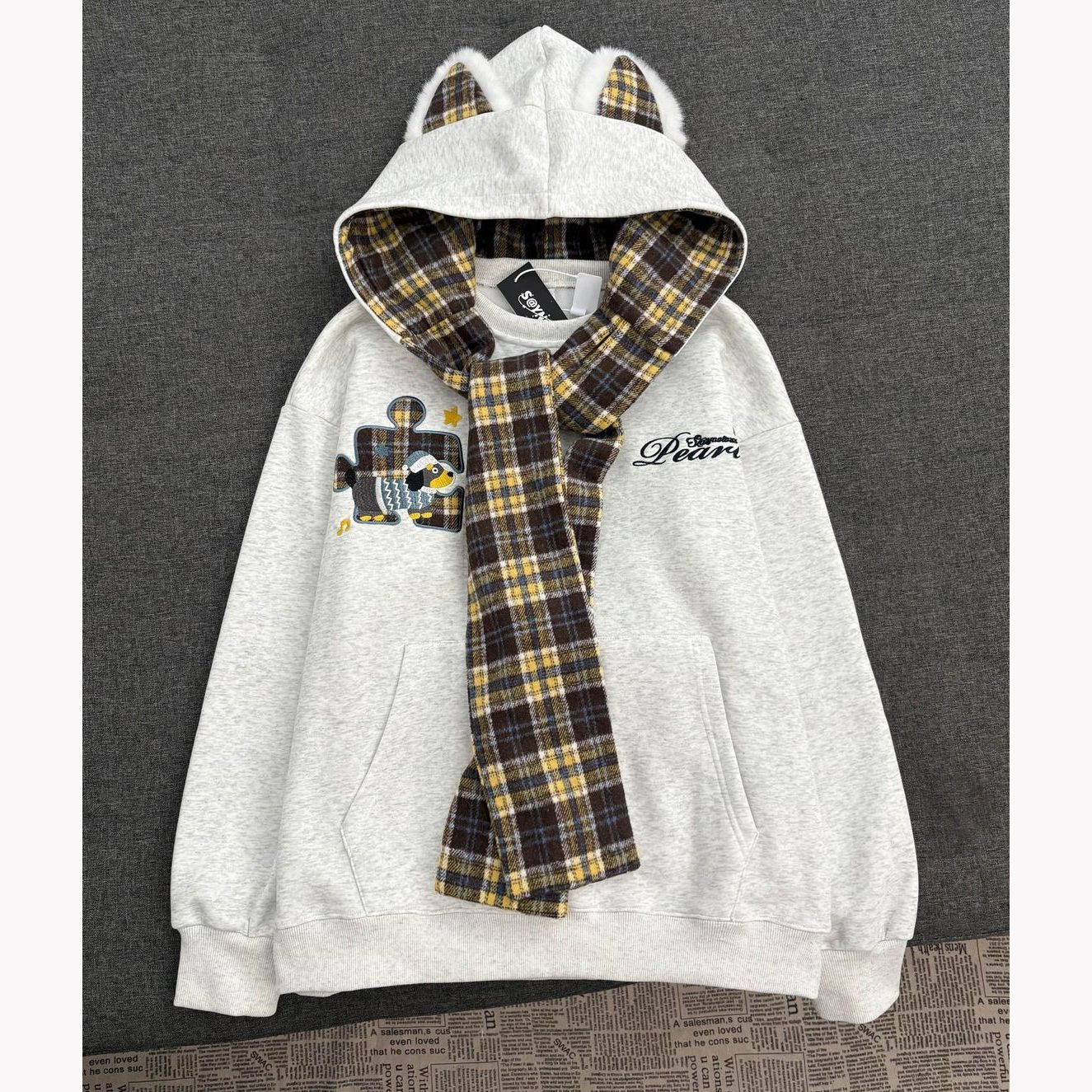 美式复古格纹披肩绑带连帽卫衣女秋冬宽松慵懒风加绒加厚拼接外套