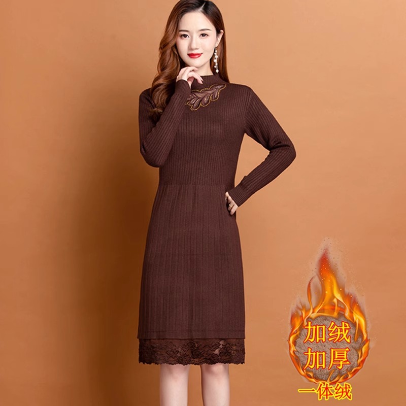 一体绒加厚针织连衣裙女秋冬季2025新款过膝长款毛衣连衣裙女款