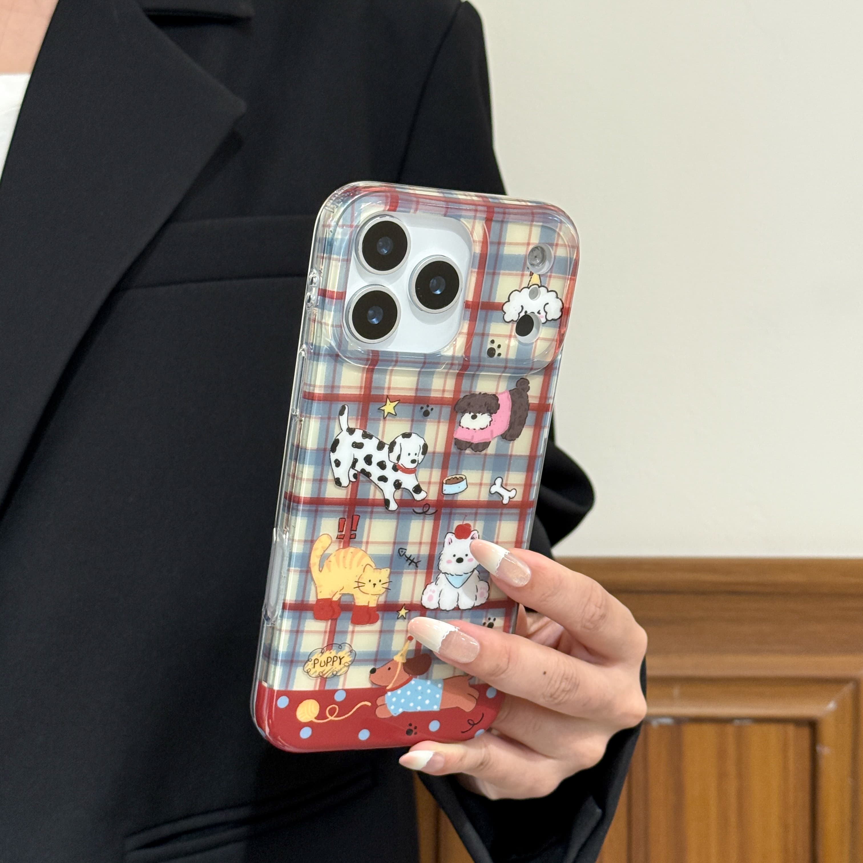 【AI按键】红蓝格纹小狗适用苹果17promax/15/14手机壳iphone16卡通